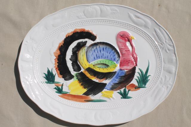 photo of vintage Thanksgiving turkey platter, 70s 80s hand-painted ceramic tray made in Japan #1