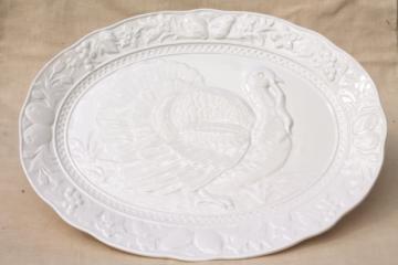 catalog photo of vintage Thanksgiving turkey platter embossed creamware style ceramic, made in Japan