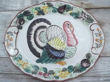 catalog photo of vintage Thanksgiving turkey platter, hand-painted ceramic made in Italy