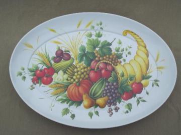 catalog photo of vintage Thanksgiving turkey platter, huge melmac  tray w/ cornucopia