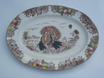 catalog photo of vintage Thanksgiving turkey platter, old unmarked transferware china