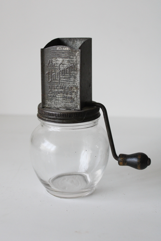 photo of vintage The Uniform Nut Meat Grinder hand crank nut chopper w/ glass jar, good old patina  #1