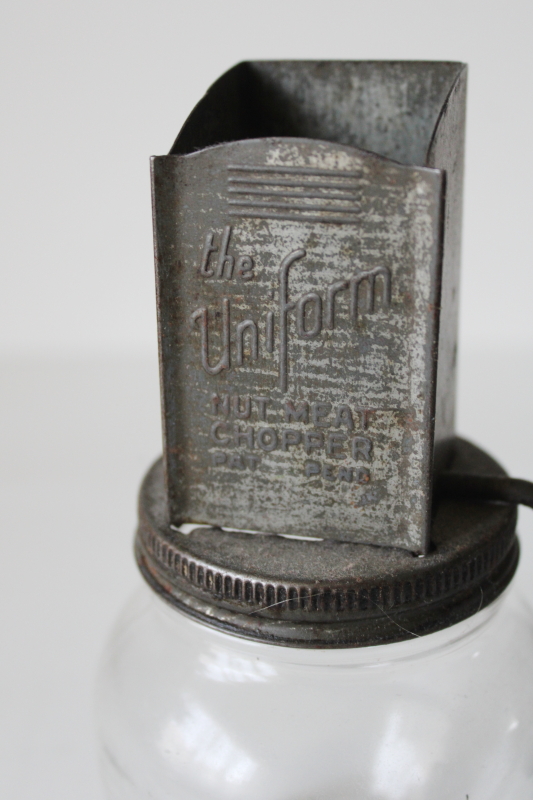 photo of vintage The Uniform Nut Meat Grinder hand crank nut chopper w/ glass jar, good old patina #2