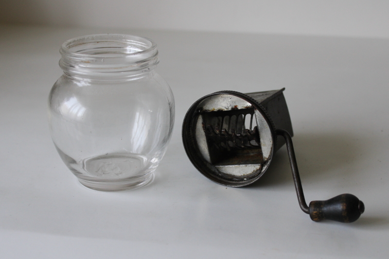 photo of vintage The Uniform Nut Meat Grinder hand crank nut chopper w/ glass jar, good old patina #3