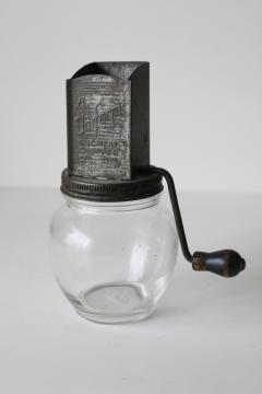vintage The Uniform Nut Meat Grinder hand crank nut chopper w/ glass jar, good old patina 