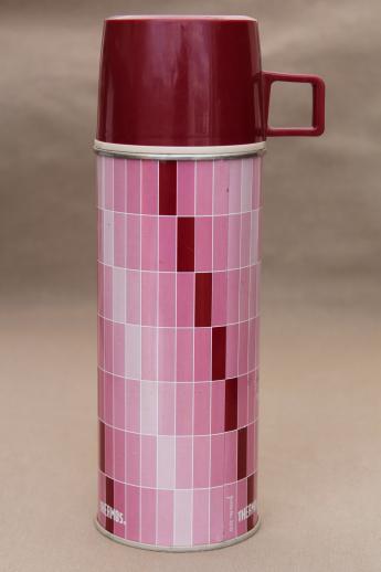 photo of vintage Thermos bottle, mid-century mod thermos with burgundy & pink 'paint chips' print #1