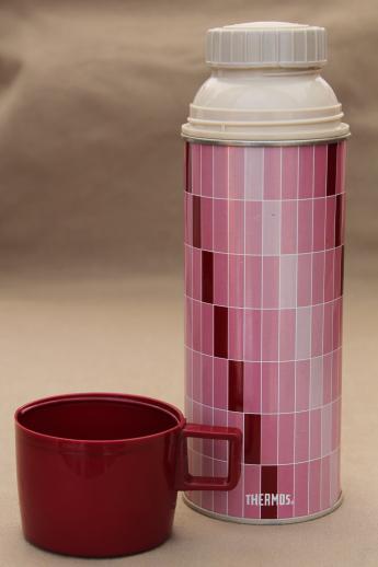 photo of vintage Thermos bottle, mid-century mod thermos with burgundy & pink 'paint chips' print #2