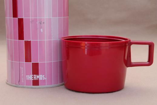 photo of vintage Thermos bottle, mid-century mod thermos with burgundy & pink 'paint chips' print #6