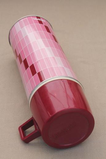 photo of vintage Thermos bottle, mid-century mod thermos with burgundy & pink 'paint chips' print #7