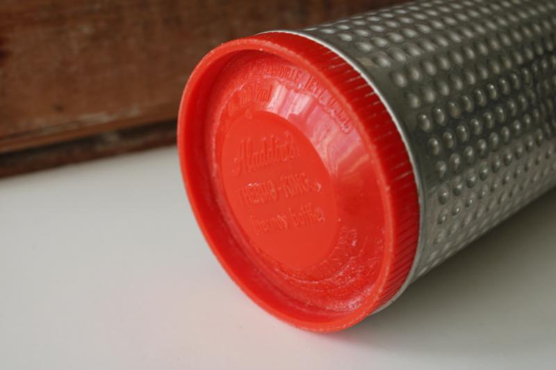 photo of vintage Thermos bottle, textured aluminum w/ red plastic cup, retro camp style #2