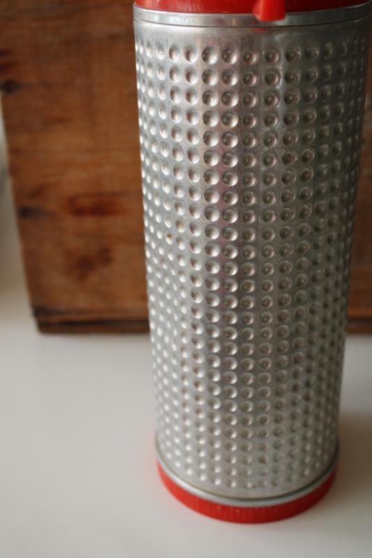 photo of vintage Thermos bottle, textured aluminum w/ red plastic cup, retro camp style #3