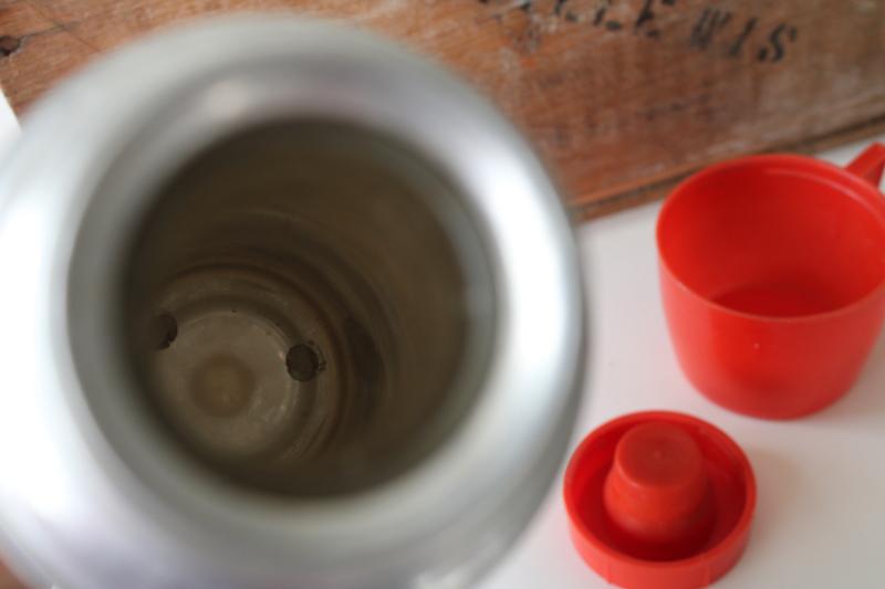 photo of vintage Thermos bottle, textured aluminum w/ red plastic cup, retro camp style #5