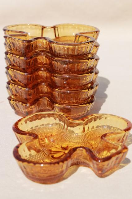 photo of vintage Tiara amber color sandwich glass, clover shamrock club dishes #2