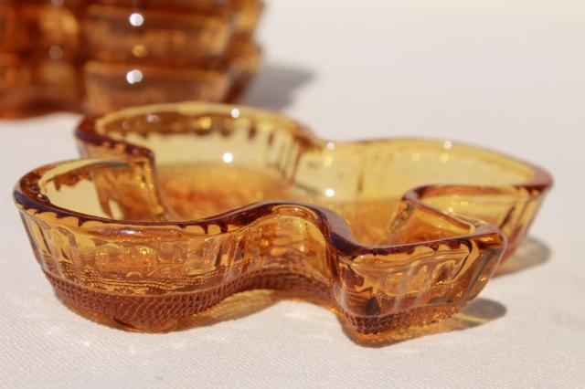 photo of vintage Tiara amber color sandwich glass, clover shamrock club dishes #3