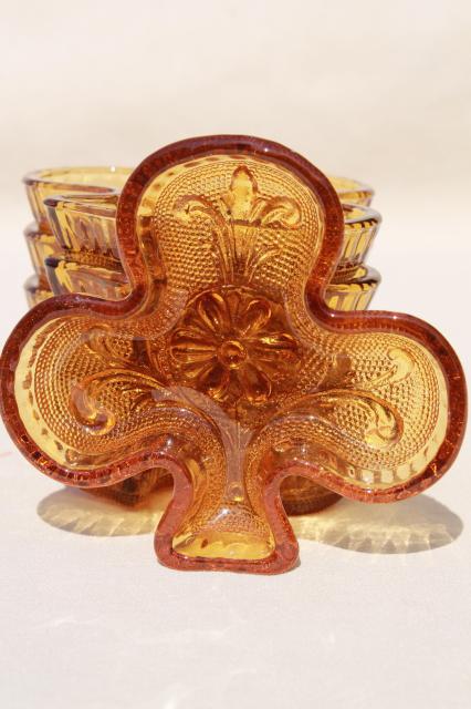 photo of vintage Tiara amber color sandwich glass, clover shamrock club dishes #4