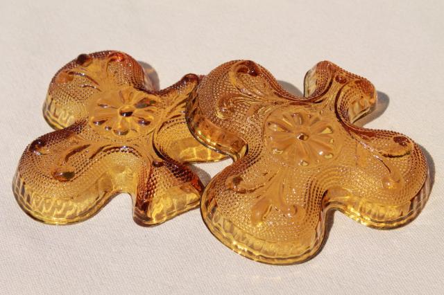 photo of vintage Tiara amber color sandwich glass, clover shamrock club dishes #5