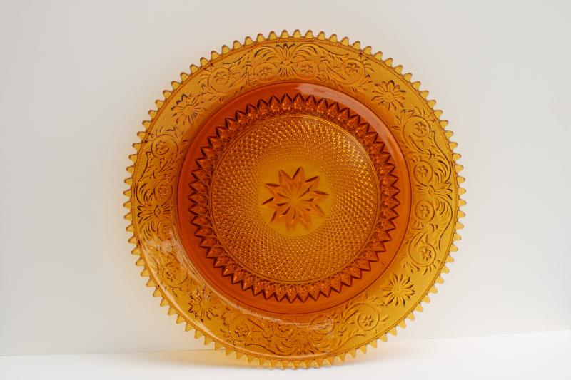 photo of vintage Tiara amber glass, daisy pattern sandwich glass serving tray or cake plate #1