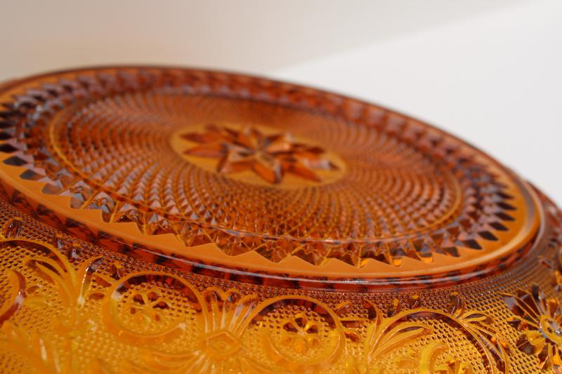 photo of vintage Tiara amber glass, daisy pattern sandwich glass serving tray or cake plate #3