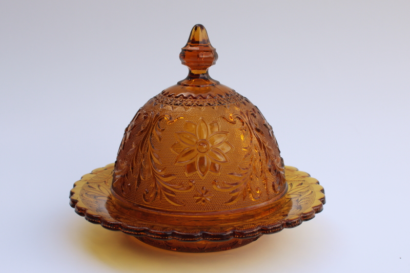 photo of vintage Tiara amber glass sandwich daisy pattern round covered butter dish, plate w/ dome #1