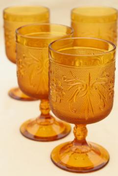 catalog photo of vintage Tiara amber glass wine glasses, sandwich daisy pattern goblets set of 4