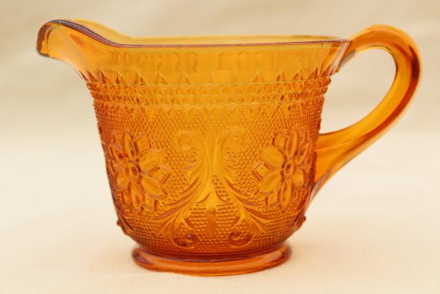 photo of vintage Tiara amber sandwich glass creamer, daisy pattern cream pitcher  #1