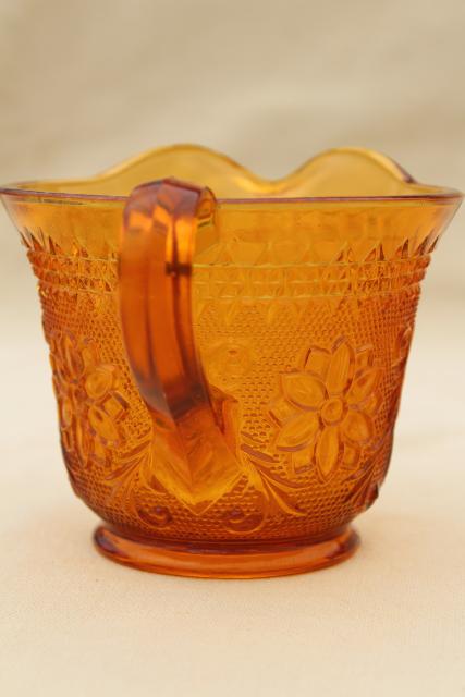 photo of vintage Tiara amber sandwich glass creamer, daisy pattern cream pitcher  #3