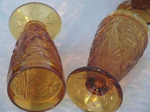 photo of vintage Tiara amber sandwich glass iced tea glasses, 8 footed tumblers #3