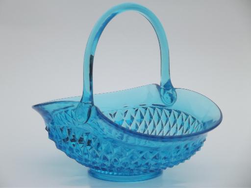 photo of vintage Tiara blue glass basket, big glass basket in Indiana diamond point #1