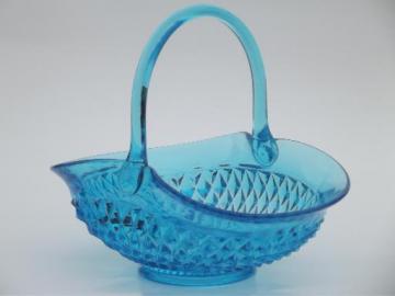 catalog photo of vintage Tiara blue glass basket, big glass basket in Indiana diamond point