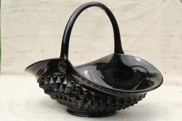 photo of vintage Tiara cameo black glass brides basket, huge flower bowl Indiana diamond point #1