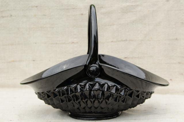 photo of vintage Tiara cameo black glass brides basket, huge flower bowl Indiana diamond point #3