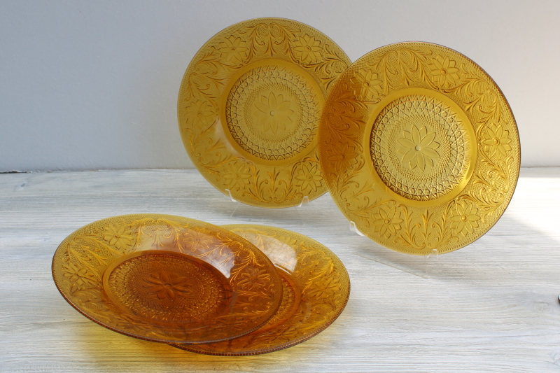 photo of vintage Tiara sandwich daisy pattern amber glass, set of four dinner plates #1