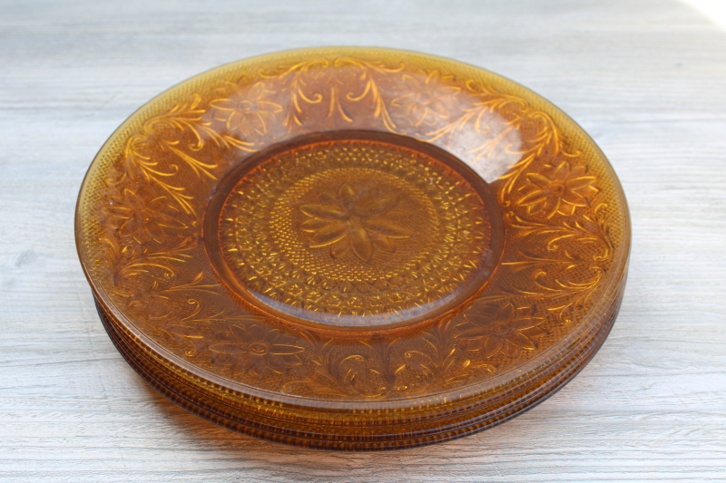 photo of vintage Tiara sandwich daisy pattern amber glass, set of four dinner plates #5