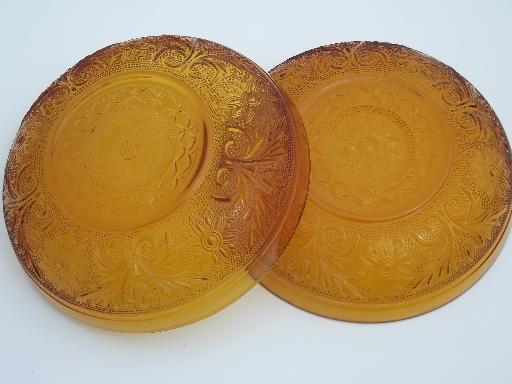 photo of vintage Tiara sandwich glass soup bowls, daisy pattern amber glass #4