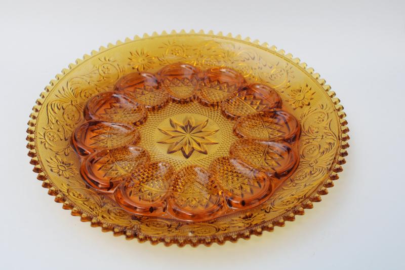 photo of vintage Tiara sandwich pattern amber glass deviled egg plate serving tray #1