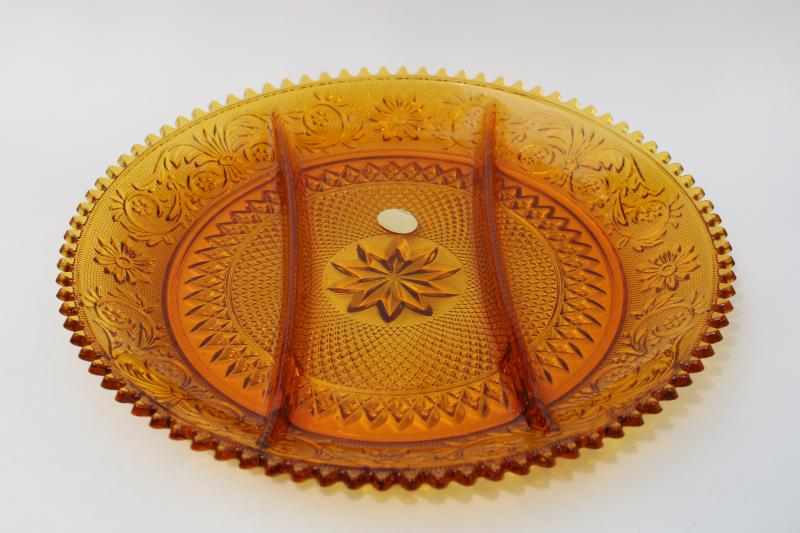 photo of vintage Tiara sandwich pattern amber glass three part divided relish serving tray #1