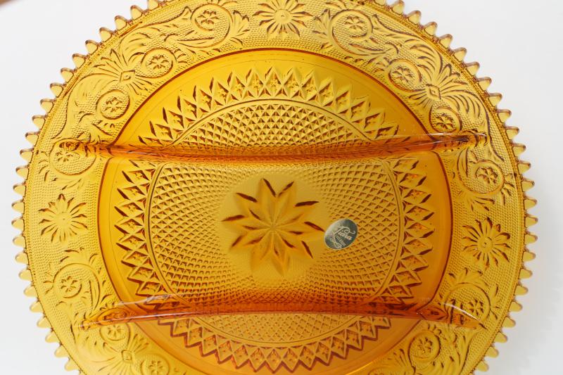 photo of vintage Tiara sandwich pattern amber glass three part divided relish serving tray #3