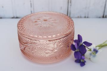 catalog photo of vintage Tiara sandwich pattern glass round puff or trinket box, blush pink glass