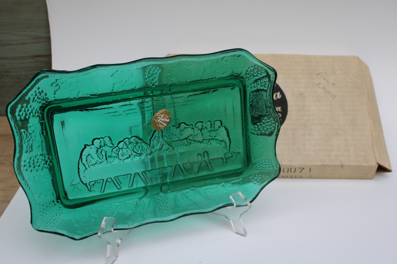 photo of vintage Tiara spruce green glass The Last Supper tray, label & original box #1