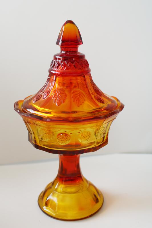 photo of vintage Tiara strawberry & cable pattern amberina colored glass candy dish #1