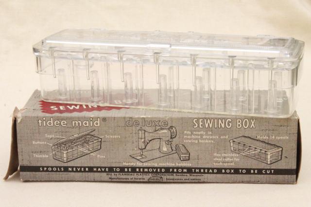 photo of vintage Tidee Maid tidy spool holder sewing box, stores & cuts sewing thread #1