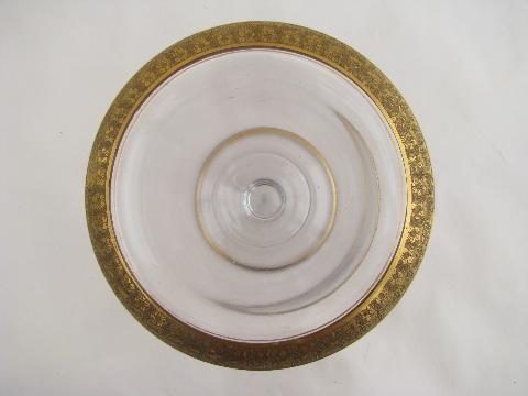 photo of vintage Tiffin? 1920s small glass comport bowl, wide gold band floral trim #2