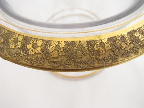 photo of vintage Tiffin? 1920s small glass comport bowl, wide gold band floral trim #3