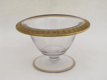 catalog photo of vintage Tiffin? 1920s small glass comport bowl, wide gold band floral trim