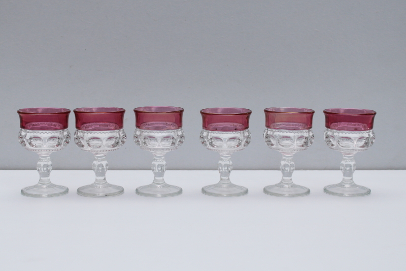 photo of vintage Tiffin Kings Crown pattern cordial glasses, wine or cocktail glasses w/ cranberry stain color band #1