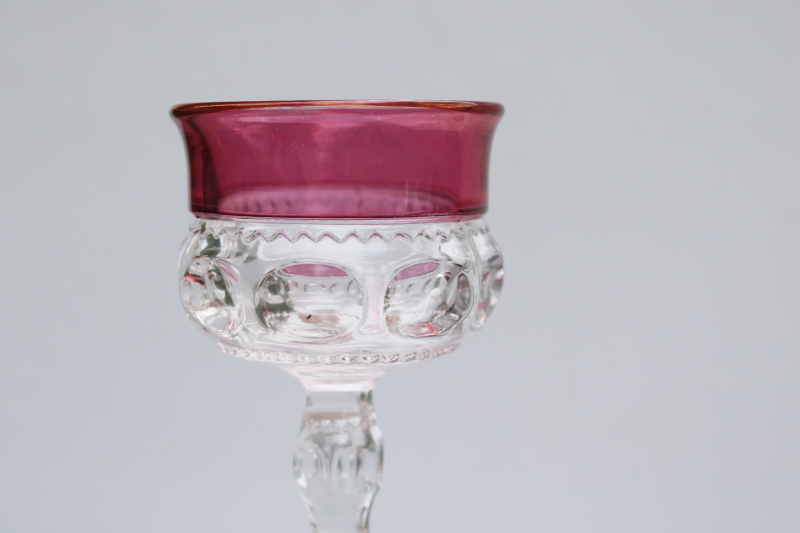 photo of vintage Tiffin Kings Crown pattern cordial glasses, wine or cocktail glasses w/ cranberry stain color band #2