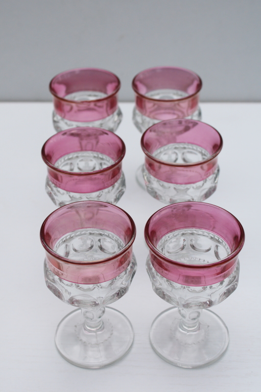 photo of vintage Tiffin Kings Crown pattern cordial glasses, wine or cocktail glasses w/ cranberry stain color band #3