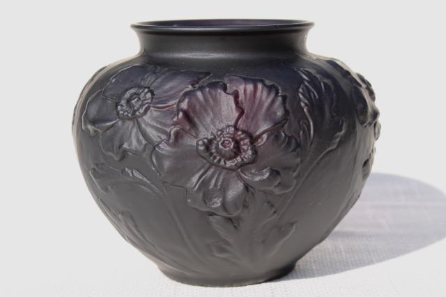 photo of vintage Tiffin black amethyst art glass vase, frosted satin puffy glass poppies floral #2