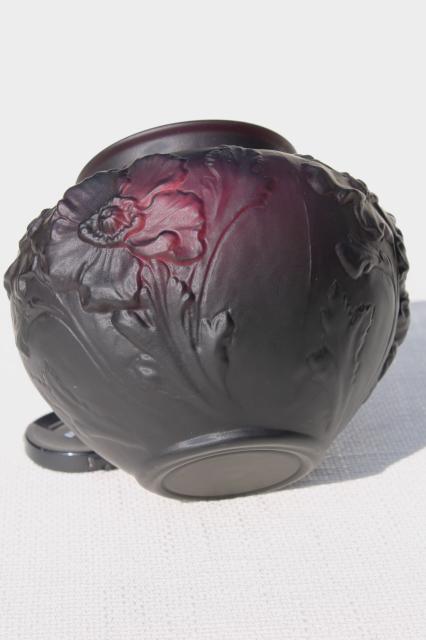 photo of vintage Tiffin black amethyst art glass vase, frosted satin puffy glass poppies floral #5