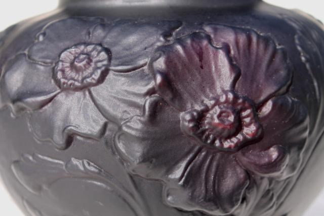 photo of vintage Tiffin black amethyst art glass vase, frosted satin puffy glass poppies floral #7